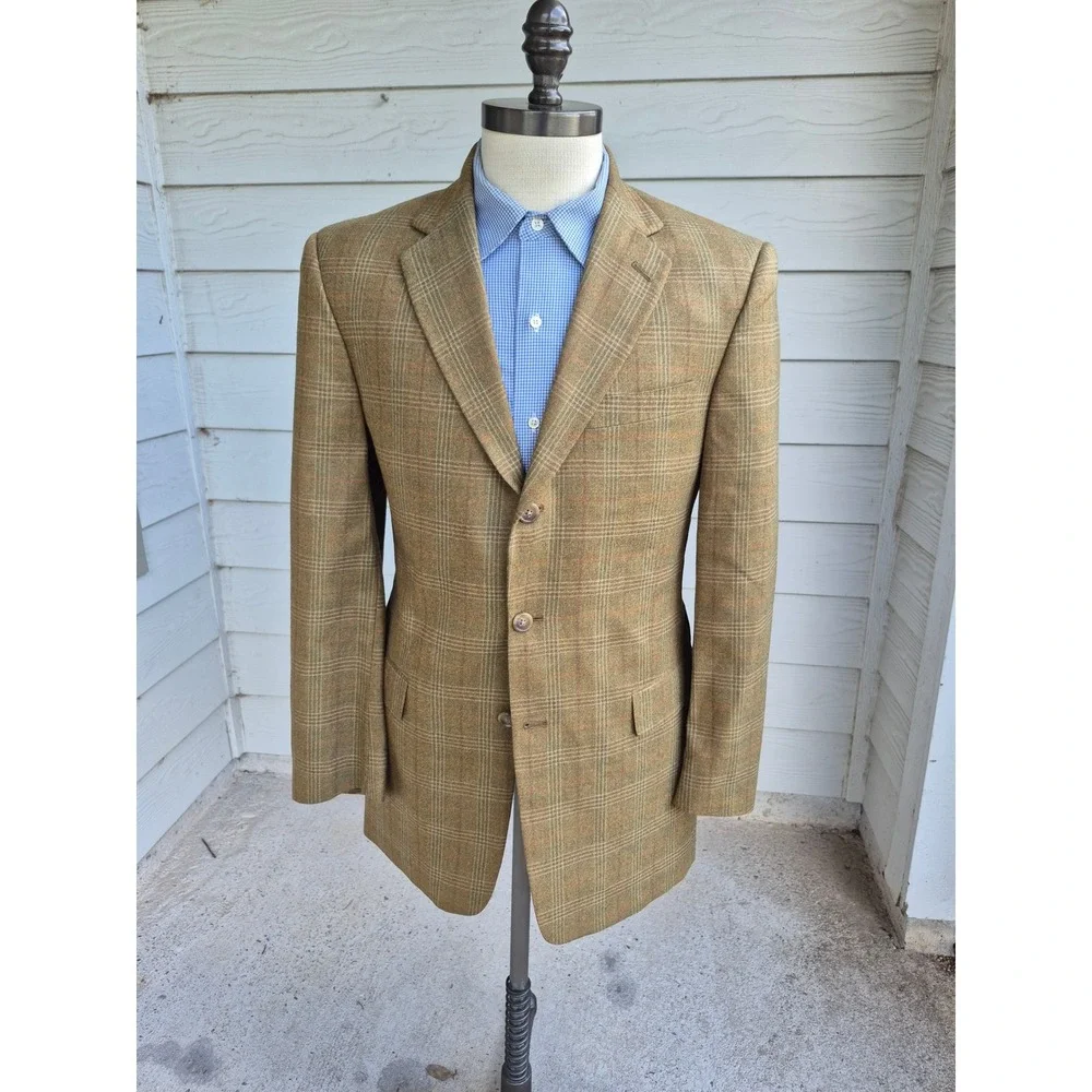 Hart Schaffner‎ Marx Mens Gold Olive Brown Plaid Blazer Sport Coat USA Tan 40 R